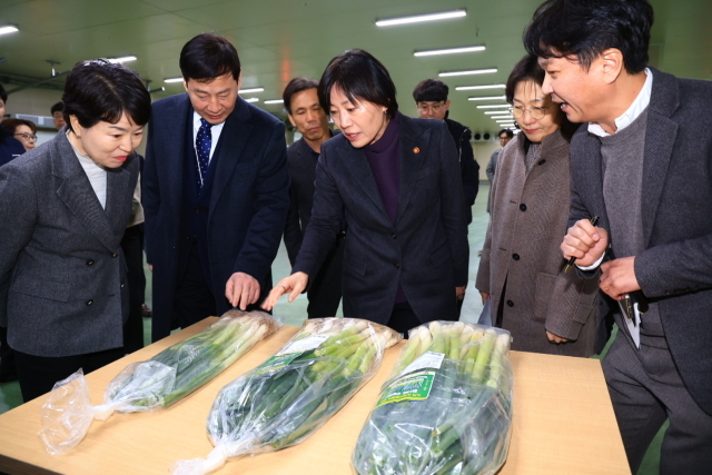 지난 17일 아워홈 동서울물류센터에서 송미령 농림축산식품부 장관(가운데)과 이영표 아워홈 경영총괄사장(왼쪽 두 번째) 등 실무진이 노지 스마트팜에서 재배한 대파를 살펴보고 있다. /아워홈