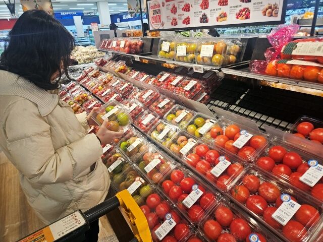 이마트 문현점 토마토 매대에서 고객이 상품을 고르고 있다. /이마트