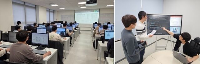 삼성전자 임직원들이 AI 교육 과정 강의를 듣고 함께 과제를 하고 있는 모습./삼성전자