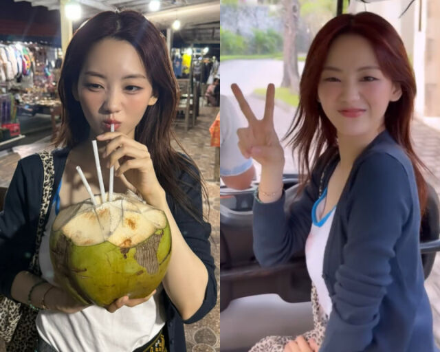 배우 조이현이 브이 포즈를 취하며 해맑은 미소를 짓고, 코코넛 음료를 들며 장난기 어린 표정을 보여줬다./ 조이현 인스타그램