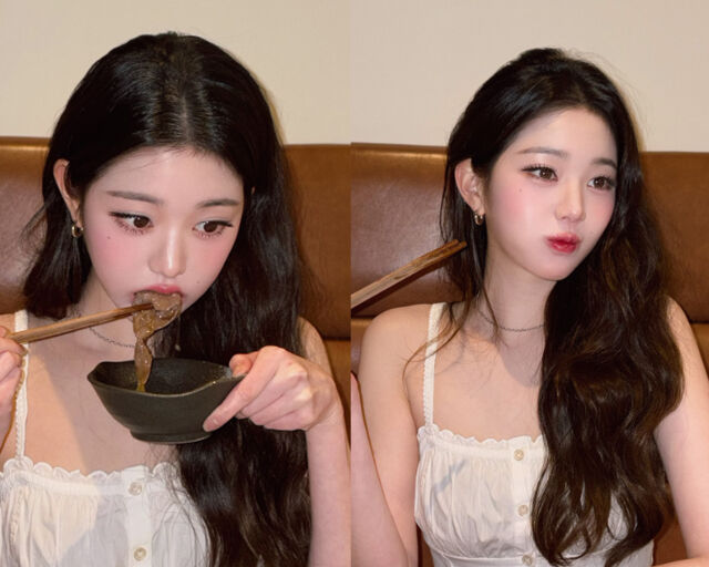 장원영이 고기를 노른자에 찍어 먹었다. / 장원영 소셜미디어 캡처 