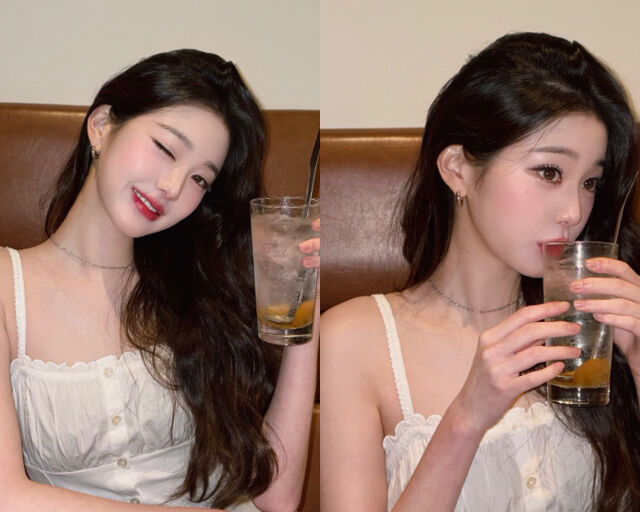 장원영은 주스를 마셔도 애교 가득한 표정으로 마셔 눈길을 끌고 있다. / 장원영 소셜미디어 캡처 