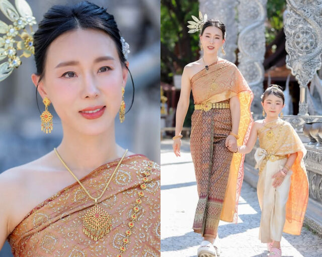 이지혜가 딸과 함께 태국 전통의상을 입고 포즈를 취하고 있다. / 이지혜 소셜미디어 캡처